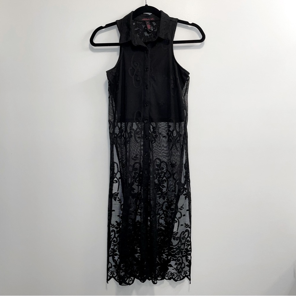 Material Girl Black Lace Long Button Down Polo Sleeveless Top Size XS